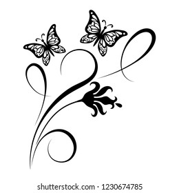 Decorative floral corner ornament with flowers and butterfly for stencil isolated on white background