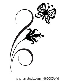 Decorative Floral Corner Ornament With Flowers And Butterfly For Stencil Isolated On White Background