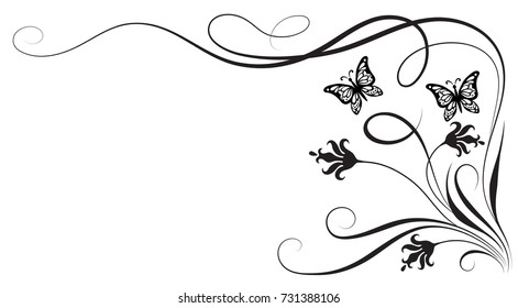 Decorative floral corner ornament with flowers and butterfly for stencil isolated on white background