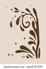 Decorative floral corner ornament with grunge texture, featuring organic swirls and leaf shapes in dark brown on beige background. Concept of vintage elegance. Vector illustration