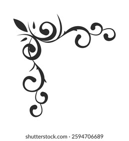 Decorative floral corner ornament with swirling elements and leaf details in black on a white background. Perfect for elegant invitations, frames, and vintage designs. Vector illustration