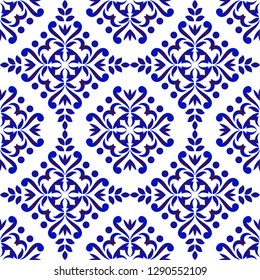 decorative floral damask pattern, porcelain baroque background, blue and white wallpaper decor vector illustration