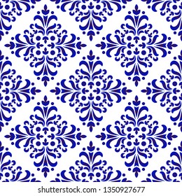 decorative floral damask pattern, porcelain baroque background design, blue and white wallpaper, ceramic tiled decor, vector illustration