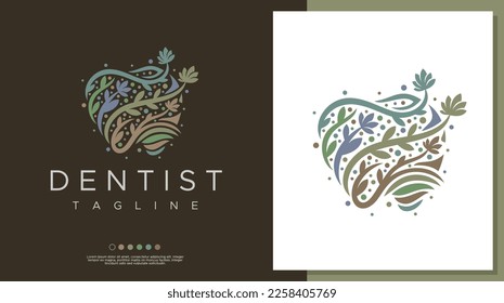 Decorative floral dental logo design template. Leaf tooth logo vector graphic.