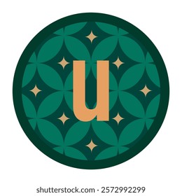 Decorative floral design featuring letter u with abstract green and gold circular motif