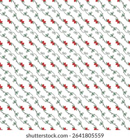 Decorative floral design featuring vibrant red blossoms and elegant green swirls, creating a seamless repeating pattern ideal for artistic uses, fabric prints, and festive holiday or spring occasions	