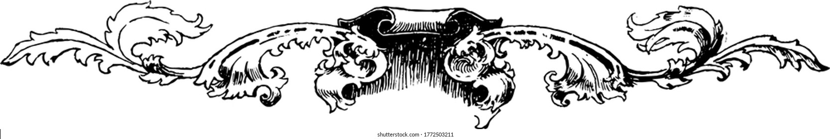 A decorative floral divider with fancy swirls and designs, vintage line drawing or engraving illustration.