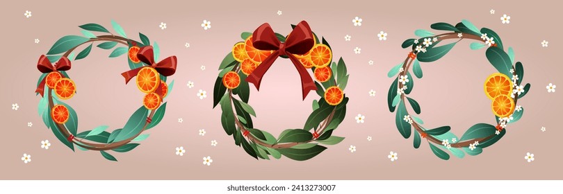 Dekoratives Blumenkranz-Design mit orangefarbenen Scheiben, Bandbögen und Blumen. Cartoon, Vektorgrafik Set von Weihnachtslandschaft rund um den Feiertag aus Pflanzendrehg mit grünen Blättern.