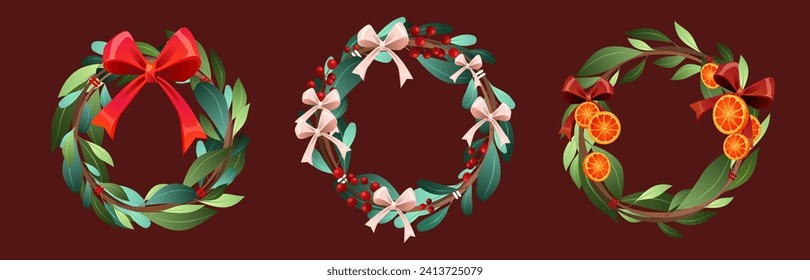 Decorative floral door wreath design with orange slices, ribbon bows and red berries. Cartoon vector illustration set of Christmas natural round holiday garland made of plant twig with green leaves.