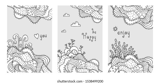Decorative floral drawing with line-art. Neutral abstract cover for your design - banners, posters, placards, brochures, flyers etc. Eps10 vector template set.