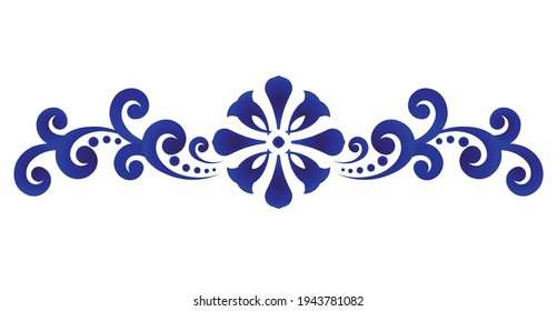 decorative floral element, Abstract ornament template baroque and damask style, porcelain painting, blue and white line art design, indigo pattern, vector illustration