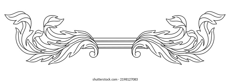 Decorative floral element in baroque style. Engraved black curling plant.