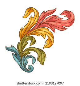 Decorative floral element in baroque style. Colorful curling plant.