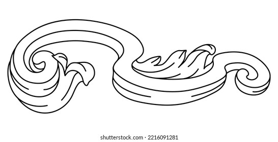 Decorative floral element in baroque style. Engraved black curling plant.