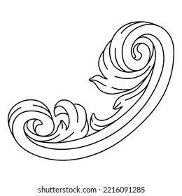 Decorative floral element in baroque style. Engraved black curling plant.