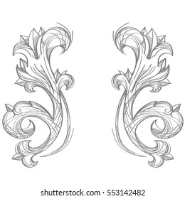 Decorative floral element in the Baroque style. Outline pattern in the form of large leaves for design. Sketch of the architectural element.