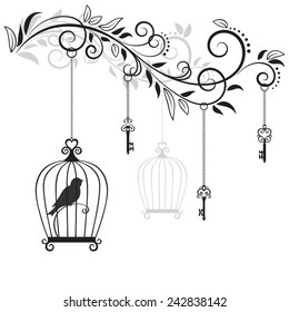 Decorative Floral Element With The Bird In Cage And Old Keys Vector Illustration