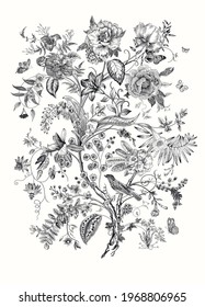 Decorative floral element. Blooming tree. Vintage vector illustration. Black and white