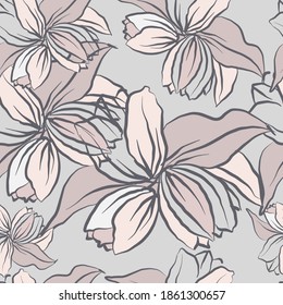 Decorative floral element for design. Seamless pattern on gray background. Vector illustration.