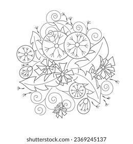 Decorative floral element of round shape, vector. Blooming and faded dandelion flowers, black and white line art. For coloring books and advertising.