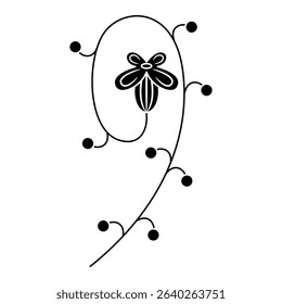 Decorative floral element. Stylized flower. Numeral 9. Botanical digit nine. Swirled blooming branch. Black and white silhouette.
