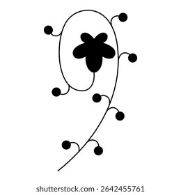 Decorative floral element. Stylized flower. Numeral 9. Botanical digit nine. Swirled blooming branch. Black silhouette on white background.