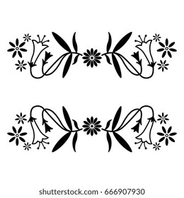 Decorative floral element. Stylized horizontal symmetric vignette. Isolated black silhouette