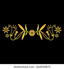 Decorative floral element. Stylized horizontal symmetric vignette. Golden on black background