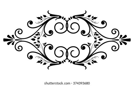 Decorative floral element with stylized leaves.Stylized graphic horizontal fragment on white background. Contour black frame.