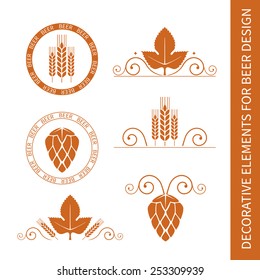 Decorative floral elements with barley or wheat ears and hop cones for beer label design. Design of borders and stamps. Vector.