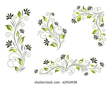 Decorative floral elements with green leaves. Vertical, horizontal,angle. Vector illustration.