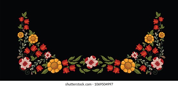 Decorative floral elements with spring flowers, frames and borders on an isolated black background