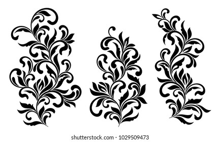 Decorative floral elements with swirls and leaves isolated on white background. Ideal for stencil. Vintage style. 