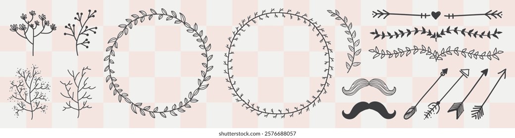 Decorative floral elements, wreaths, and arrows. Floral wreaths, arrows, and mustaches. Hand-drawn floral and arrow designs for decoration. Aesthetic illustrations, isolated vector set.