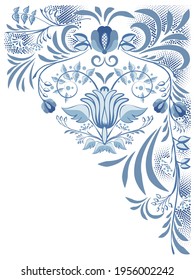 Decorative floral ethnic ornament for background corner with flowers in the style of blue national painting on porcelain. Vector illustration
