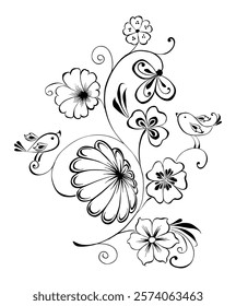 Decorative floral fantasy twig with birds, blooming flowers, contour drawing, vector illustration