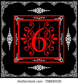 Decorative floral font typeface vector number 6.