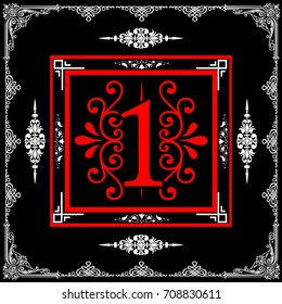 Decorative floral font typeface vector number 1.
