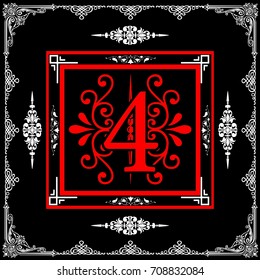 Decorative floral font typeface vector number 4.