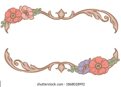 Decorative floral frame with anemone flowers in vintage style isolated on white background. Vector illustration.