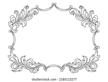 Decorative floral frame in baroque style. Engraved black curling plant.