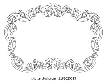 Decorative floral frame in baroque style. Engraved black curling plant.
