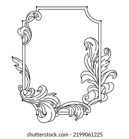 Decorative floral frame in baroque style. Engraved black curling plant.