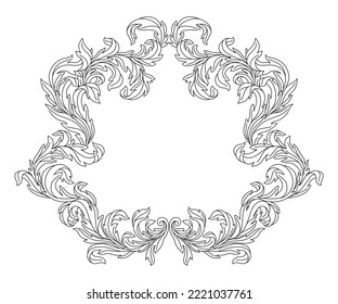 Decorative floral frame in baroque style. Engraved black curling plant.