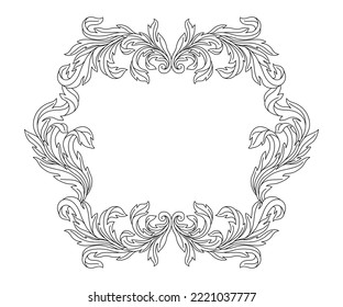 Decorative floral frame in baroque style. Engraved black curling plant.