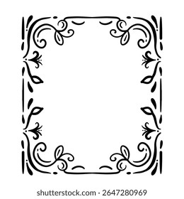 A decorative floral frame border design. Features ornate scrolls and flourishes in a black and white color scheme, perfect for adding an elegant touch to projects.