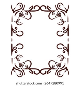 A decorative floral frame design. Features ornate scrolls and flourishes in a symmetrical arrangement, ideal for adding an elegant border to various projects.