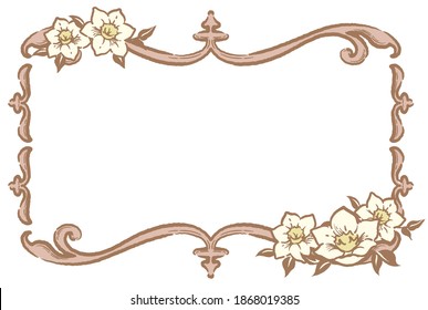 Decorative floral frame with eucharis flowers in vintage style isolated on white background. Vector illustration.