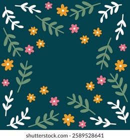 A decorative floral frame featuring green leaves and small flowers on a dark background, creating an elegant botanical border design.