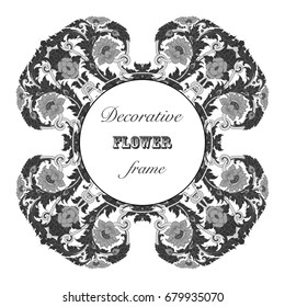Decorative Floral Frame. Flowers Design Pattern with Exotic Flora. Black and White background.